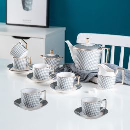 Nordic Ceramic Coffee Pot Set Houndstooth Gold High-end Teapot Set British Teacup And Saucer Logo Can Be Added (Option: 6Cup And Saucer Gift Box)