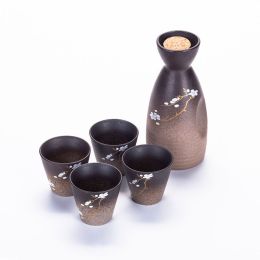 Vintage Ceramic Sake Pot Cup Set Japanese Cherry Blossom Hip Flasks White Wine Spirits Liquor Cup Home Kitchen Flagon Drinkware (Option: 1pc Bottle 4pc cup)