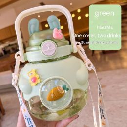 Cartoon Hug Rabbit Double Drinking Cup Children's Student Strap Kettle (Option: BB TOO Green-1150ml)