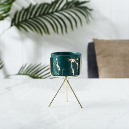 Marble Gold Pattern Succulent Iron Art Ceramic Pot Pen Holder Hydroponic Container (Option: Dark green trumpet-Gold shelf)